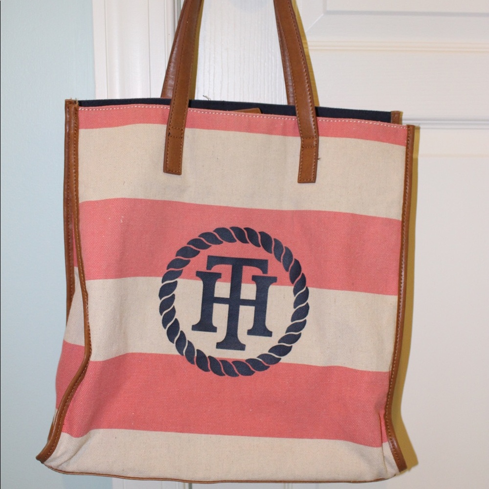 Tommy Hilfiger Striped Pink Canvas Tote Bag